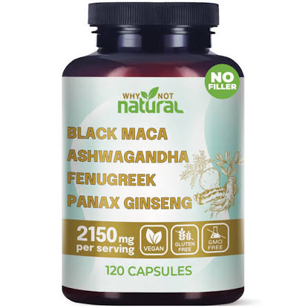 4-in-1 Organic Black Maca Root, Ashwagandha, Fenugreek, Panax Ginseng Supplement for Men and Women in Capsules by Why Not Natural Healthcare Edible